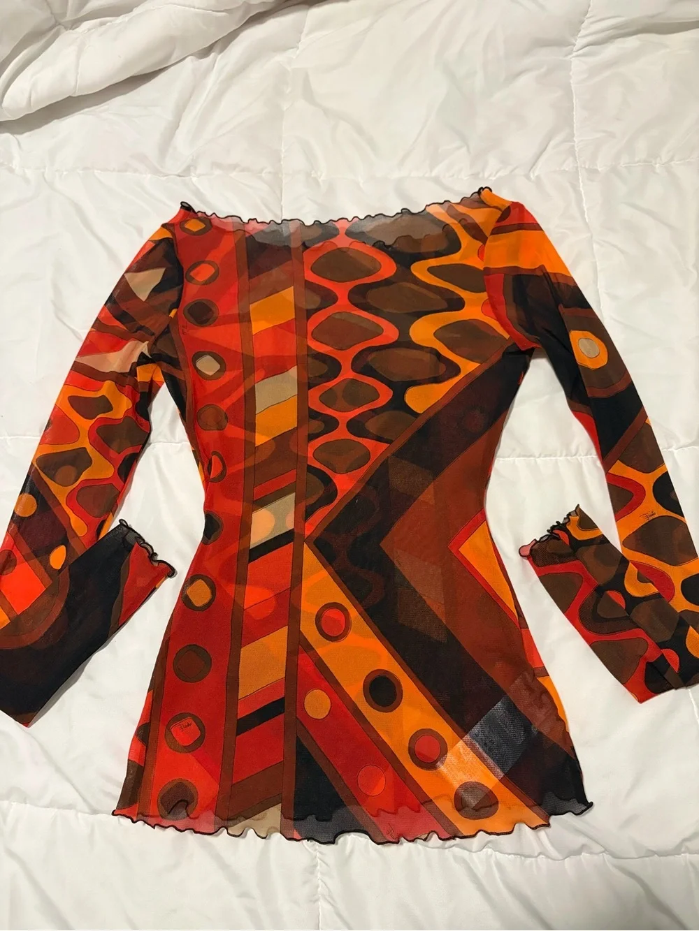 Emilio Pucci Red & Orange Geometric Sheer Long Sleeve Top and Pucci hair tie